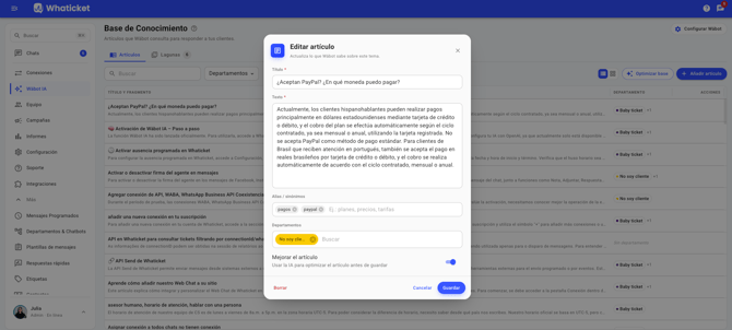 Cómo añadir un artículo a la Base de Conocimiento de Wäbot en Whaticket