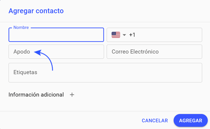 Campo Apodo en el registro del contacto en Whaticket