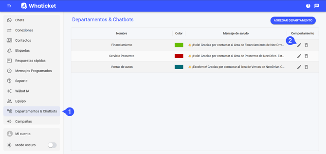 Cómo abrir un departamento en Departamentos y Chatbots en Whaticket