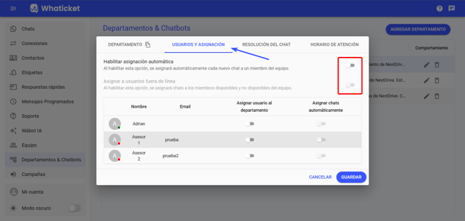 Opciones de asignación automática en la sección Equipo y asignación del departamento en Whaticket