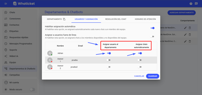 Lista de agentes con las columnas Miembro y Asignación automática en Whaticket