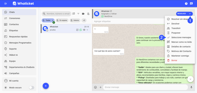 Opción Seleccione mensajes en el menú del chat en Whaticket