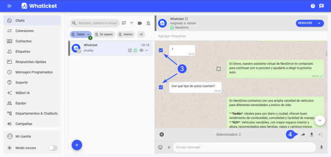 Ventana Iniciar un chat para reenviar mensajes en Whaticket