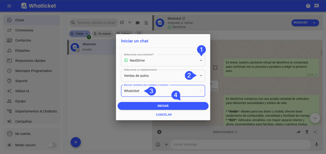 Mensajes reenviados en el chat del contacto elegido en Whaticket