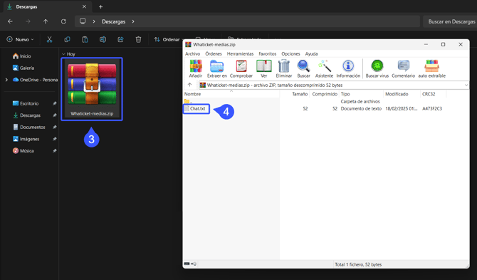 Archivo Chat.txt con los mensajes exportados de un chat de Whaticket