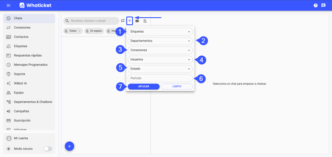 Panel de filtros de la lista de chats en Whaticket