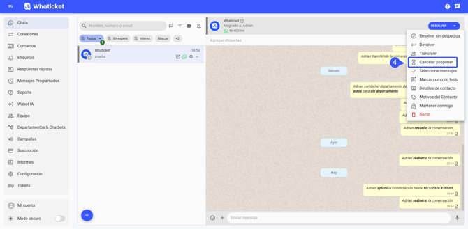 Cómo cancelar el aplazamiento de un chat en Whaticket