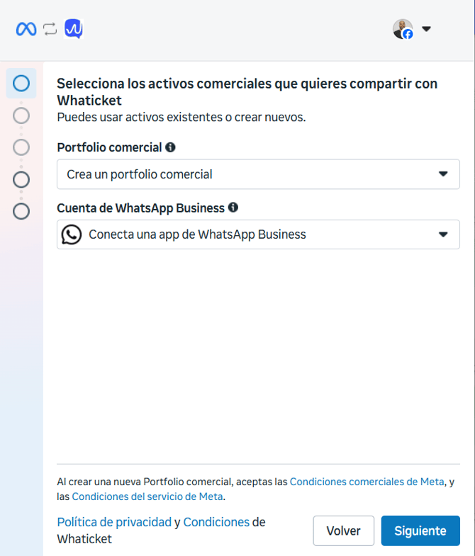 Pantalla de Meta para seleccionar la cuenta de Facebook y el portafolio comercial