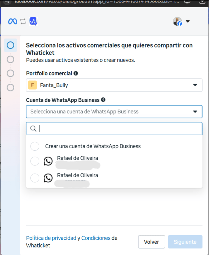 Opción para conectar la app WhatsApp Business en la pantalla de Meta