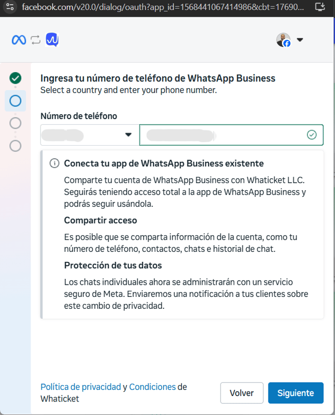 Pantalla de Meta para ingresar el número de WhatsApp Business
