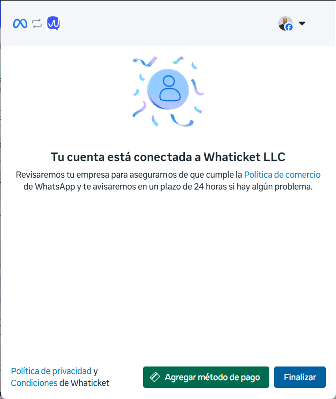 Pantalla de Meta con la confirmación del proceso de conexión