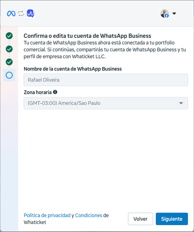 Pantalla de Meta para confirmar los datos de la empresa y la zona horaria