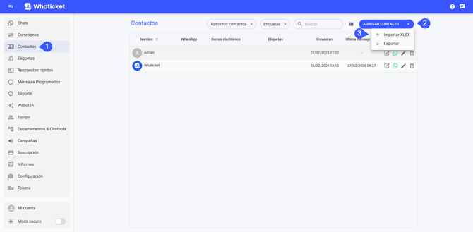 Cómo abrir la importación de contactos en Whaticket