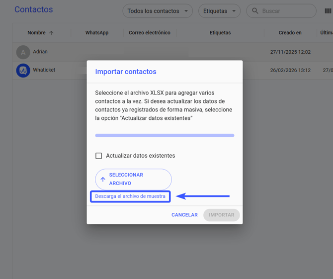 Cómo descargar el ejemplo y enviar la planilla de contactos