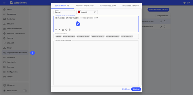 Cómo crear un departamento con mensaje de saludo en Whaticket