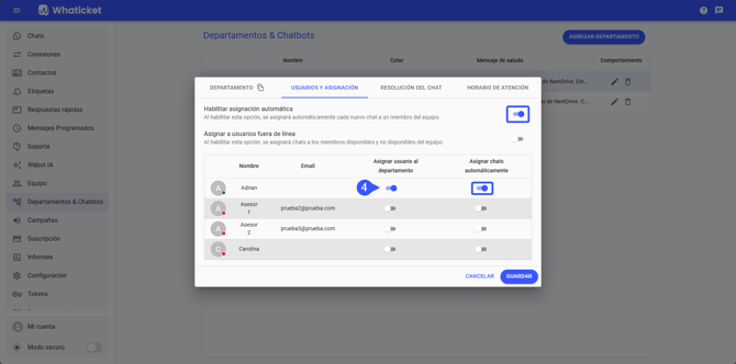 Cómo vincular agentes al departamento en la sección Equipo y asignación en Whaticket