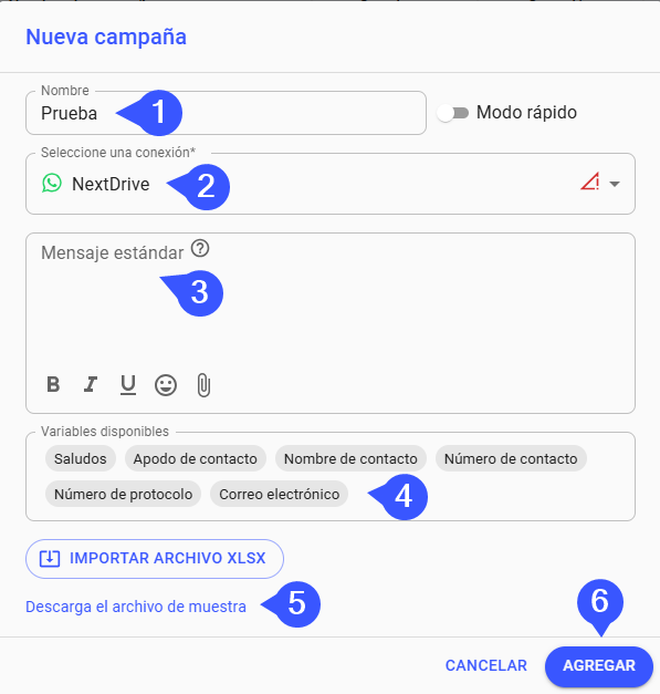 Pestaña Mensaje de la nueva campaña en Whaticket