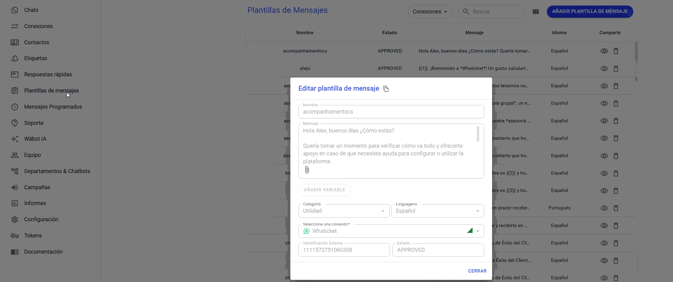 Cómo copiar el ID de la plantilla de mensaje en Whaticket