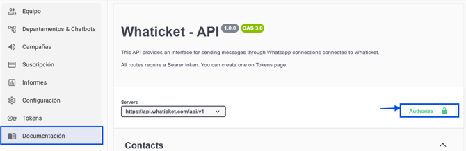 Botón Authorize en la documentación de la API de Whaticket