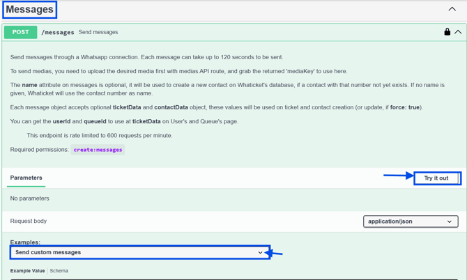 Cómo probar el envío de mensajes con Try it out en la documentación de la API de Whaticket