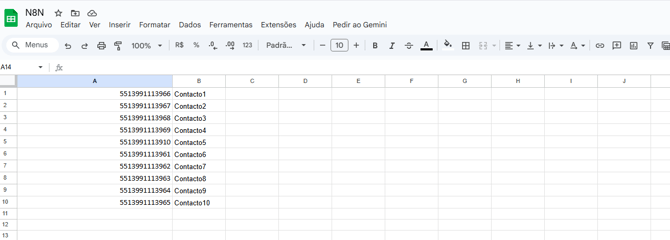 Ejemplo de hoja de contactos en Google Sheets