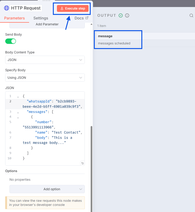 Respuesta messages scheduled en N8N después del envío de prueba
