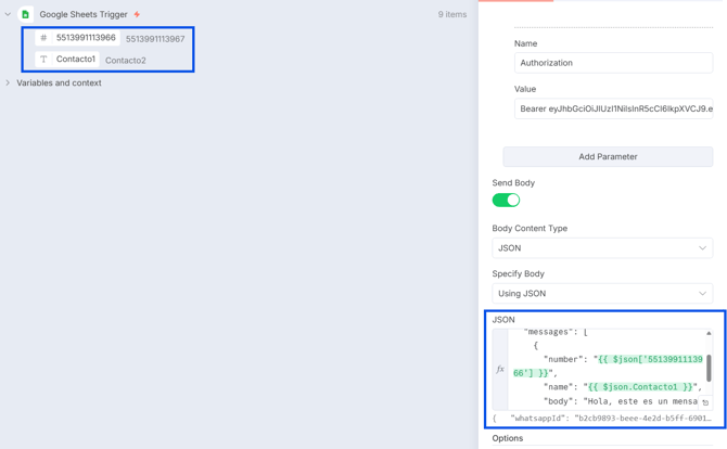 Cómo arrastrar los datos de Google Sheets al cuerpo del mensaje en N8N