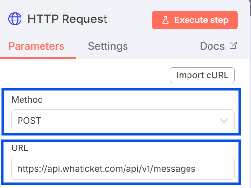 Método POST y URL de la API Send configurados en el nodo HTTP de n8n