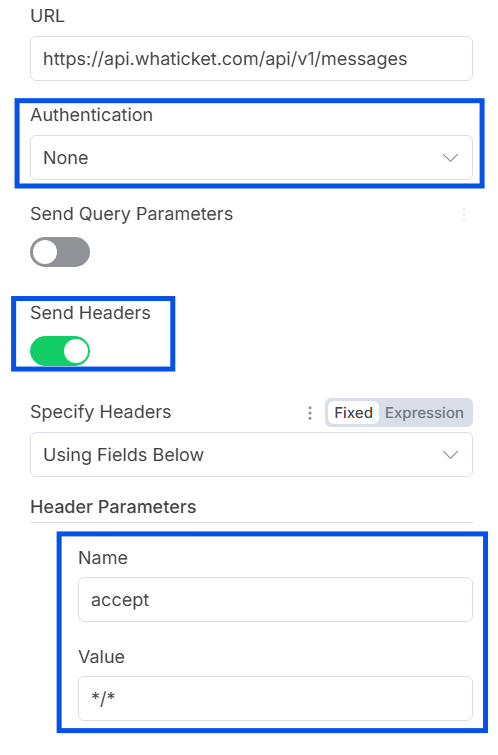Encabezado accept configurado en el nodo HTTP de n8n
