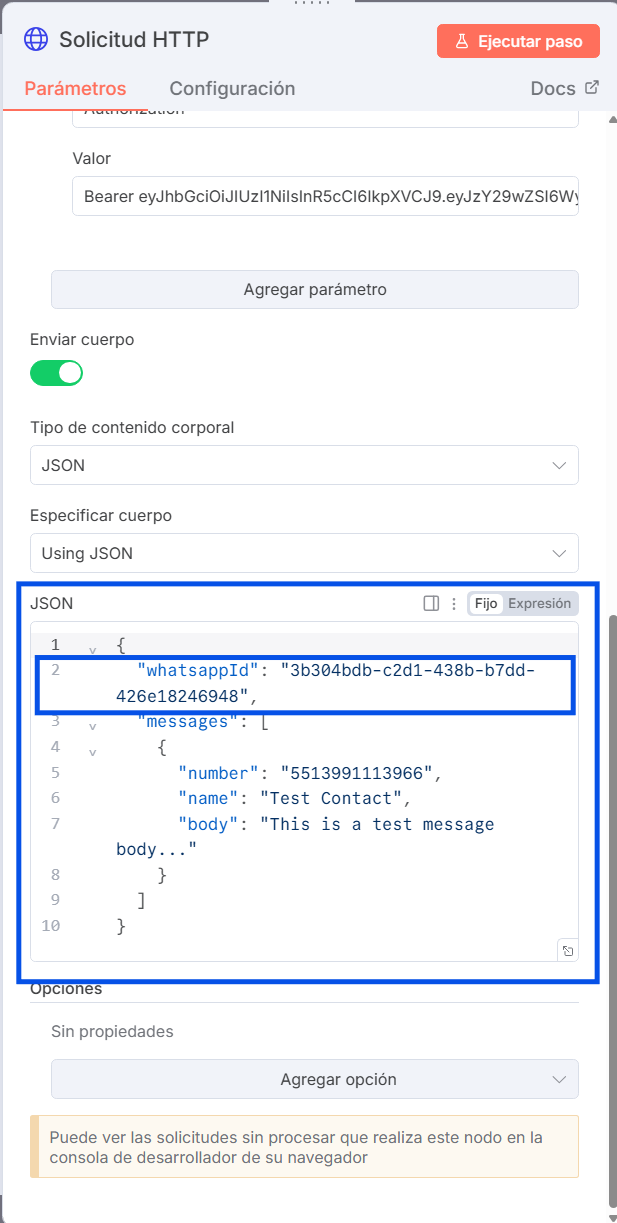Body JSON del mensaje configurado en el nodo HTTP de n8n