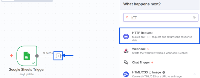 Cómo agregar el nodo HTTP Request en el flujo de n8n