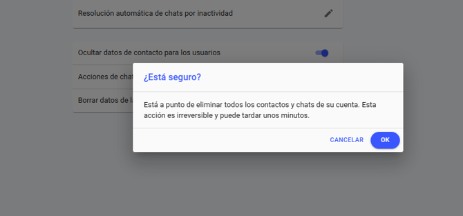 Ventana de confirmación Eliminar contactos seleccionados en Whaticket