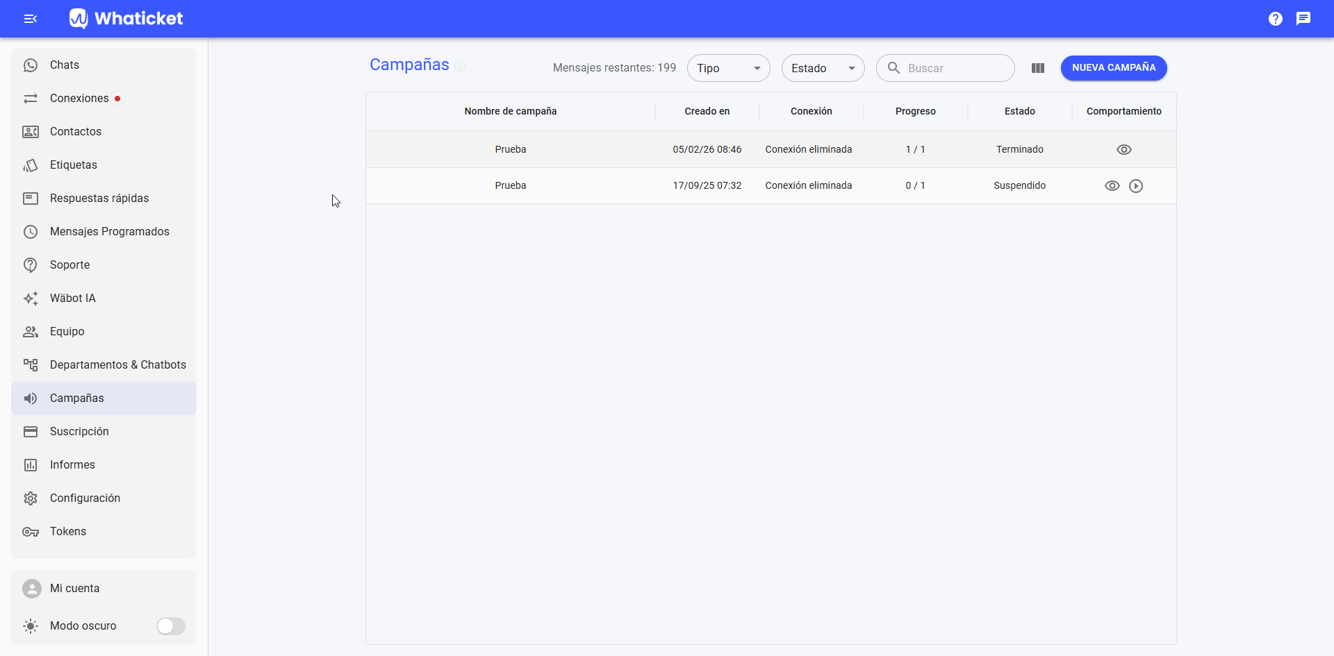 Cómo crear una nueva campaña en Whaticket