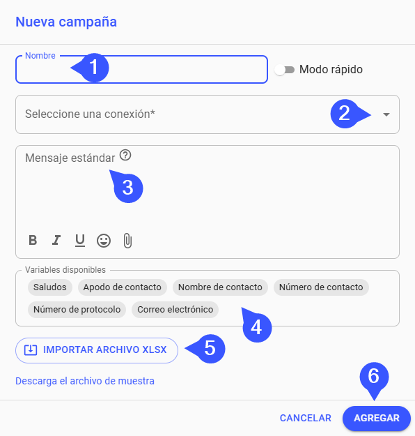 Importación de la planilla de contactos en la pestaña Destinatarios de la campaña en Whaticket
