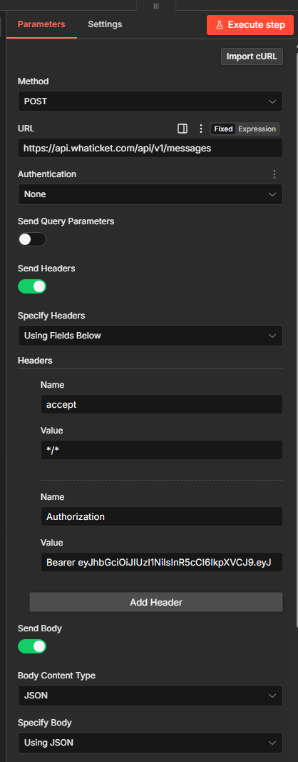 Cómo configurar el nodo HTTP Request hacia la API de Whaticket en n8n