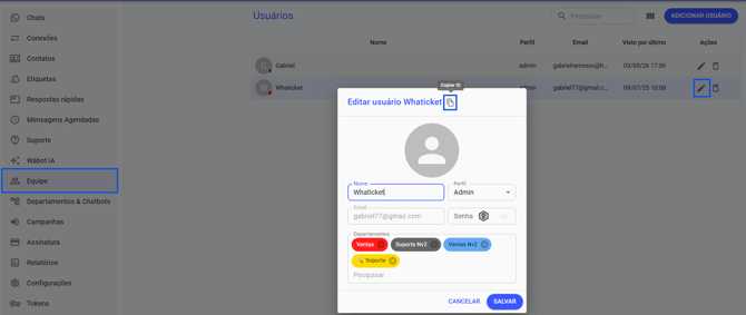Cómo copiar el ID del usuario en Equipo en Whaticket