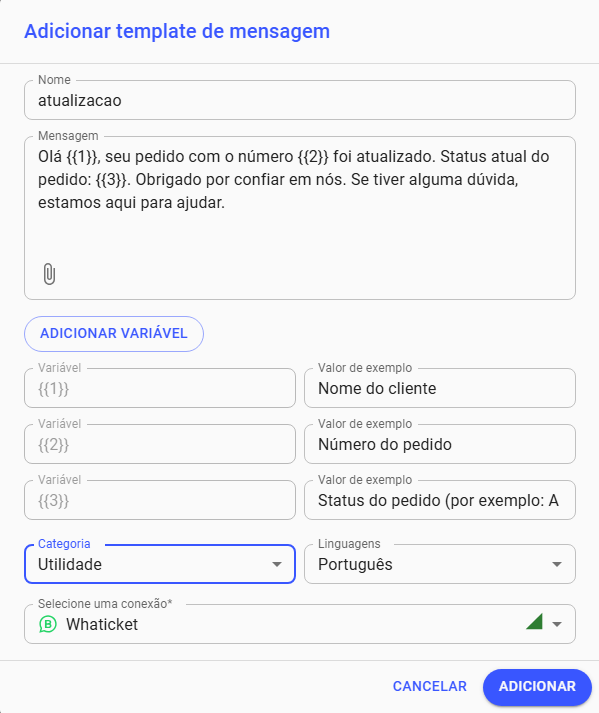 Como preencher categoria, nome, idioma e conexão do template na Whaticket