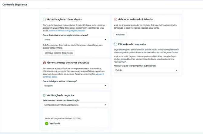 Central de Segurança do Meta Business Suite para verificar a empresa