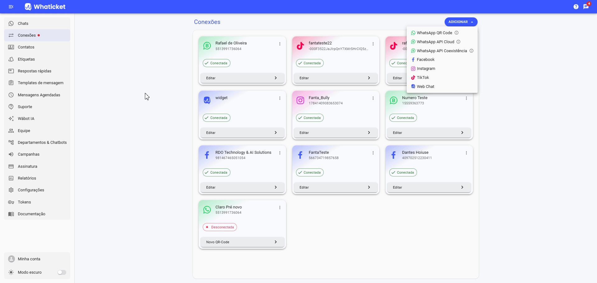 Como escolher WhatsApp API Coexistência em Adicionar conexão no Whaticket