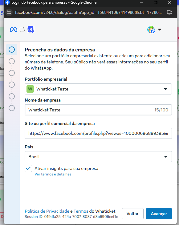 Tela da Meta para selecionar a conta do Facebook e o portfólio empresarial