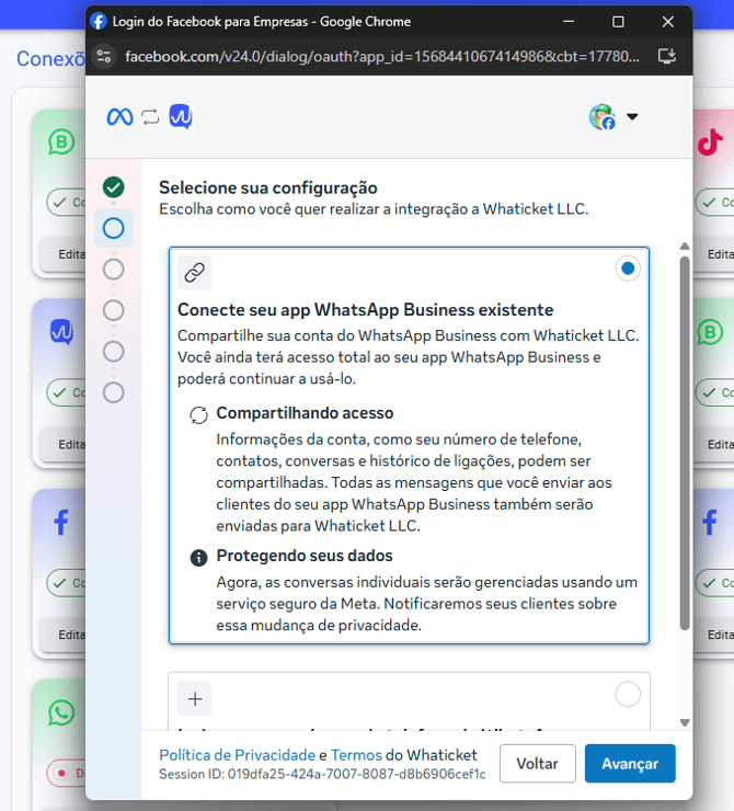 Outra versão da tela da Meta com a opção de conectar o app WhatsApp Business