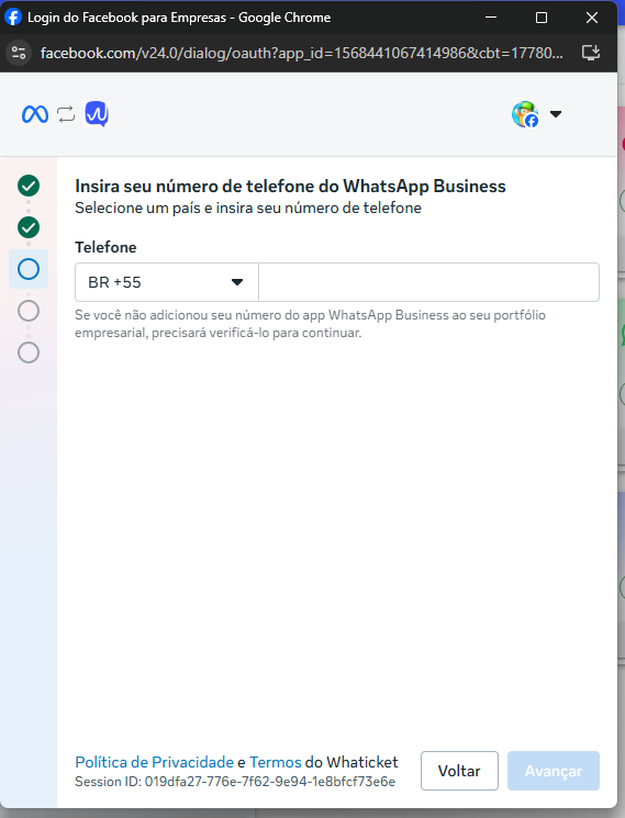 Tela da Meta para informar o número do WhatsApp Business