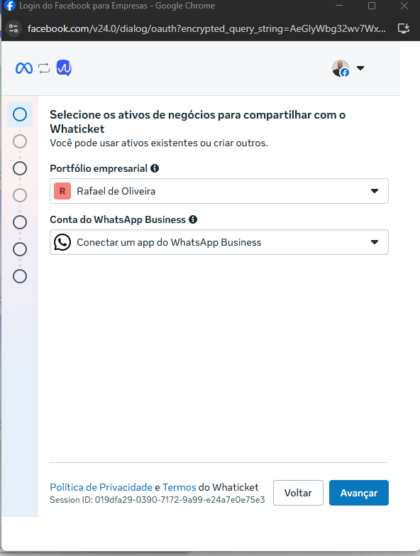 Opção para conectar o app WhatsApp Business na tela da Meta