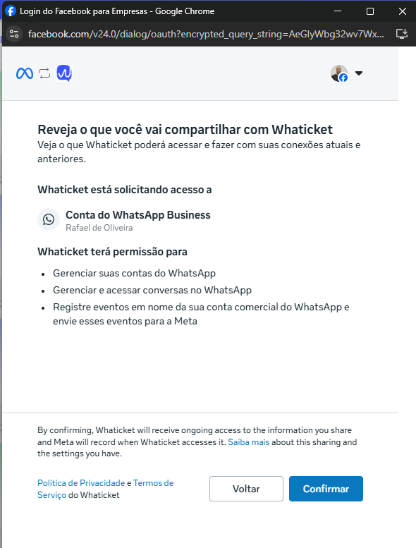 Tela da Meta para confirmar a conexão da coexistência