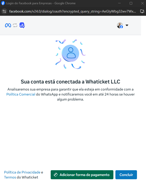 Tela da Meta com o processo de conexão em andamento