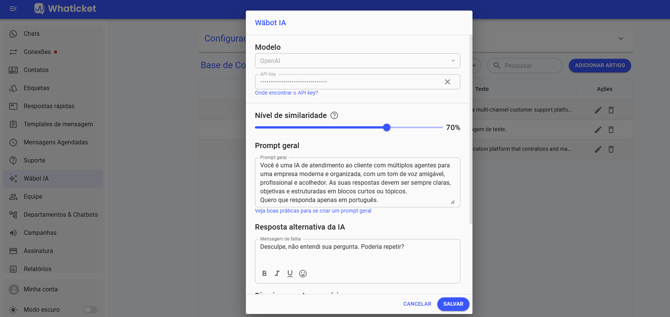 Campo Prompt geral na configuração da Wäbot IA no Whaticket