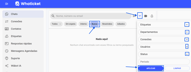 Painel de filtros da lista de chats no Whaticket