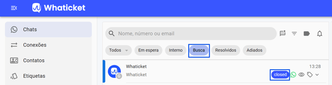 Lista de chats resolvidos filtrados no Whaticket