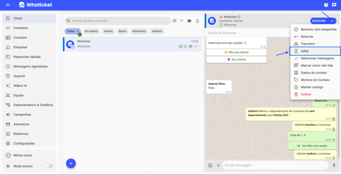 Como abrir a opção Adiar no menu de ações do chat no Whaticket