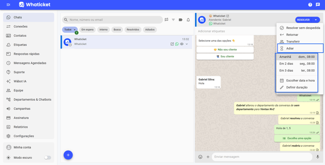 Opções para escolher a data de reabertura do chat adiado no Whaticket
